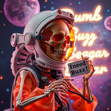 masterpiece, intricate photo realistic photo, realistic outer space skull astronaut in astronaut suite with helmet and transparent visor holding in the skeleton hand a small white sign on which is written "I need Buzz!", background outer space, stars, galaxies, nebulae, in the sky is written in neon letters "Dumb Buzz Beggar", as realistic as possible, hyper realistic, highly detailed, sharp focus, dusk and dawn of technology, dark art, gothic art, cyberpunk style, best quality, high resolution, colorful, vibrant colors, studio lighting, high quality image, no wrong proportions, 8K