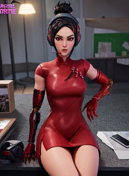 best quality, (masterpiece),(ultra-detailed), (high quality), (high resolution), <lora:demi:0.7> demi, black hair, red eyes, headphones, red dress,mechanical arm, fortnite,