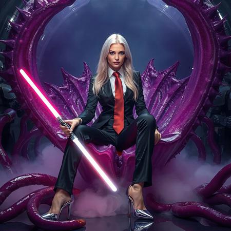 slender arrogant cold  russian blonde lady wearing  rich black glossy satin business trouser suite with lace inserts, small size opulent  glossy high heels, white shirt, red silk tie, jewels, elegant small light saber, entangled in long tentacles, sitting in giant purple alien carnivorous flower with glossy spiked petals, covered with giant ultrathin transparent glossy slime veils,  giant portal to outer space, fog from the floor,  empire spaceship hangar, surrounded by halo odst troopers, vogue fashion look, hollywood  makeup, porcelain skin, long haired, ultrathin waisym reminiscent of H.R. Giger, Zdzisław Beksinski, and Ash Thorp's dark, sleek styles, with close-up glamour photography, glossy satin and silver heels glistening, fleshy slime dripping, and dark shadows.