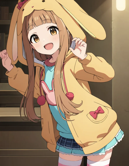 ichrnina_AA,ichihara nina,  long hair, brown hair, brown eyes, bangs, blunt bangs, hood, hood up, bow, hoodie, hands up, rabbit costume,striped thighhighs ichrnina_BB,ichihara nina,  long hair, brown hair, brown eyes, bangs, blunt bangs, hair bow,  collared shirt,shorts