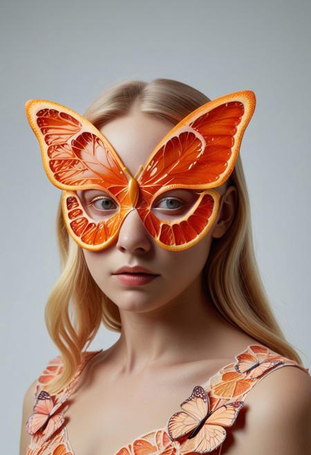 8k, Raw digital photo, portrait of a woman wearing a delicate butterfly-shaped blood orange mask, expressionless face, blonde hair, wearing a Elegant dress, soft lighting, simple background, butterfly wings subtly integrated into the mask, focus on face, Full Colour, 80mm, minimalist,