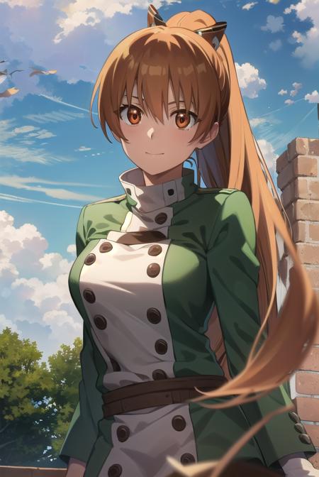 seryuuubiquitous, <lora:seryuu ubiquitous s1-lora-nochekaiser:1>,
seryuu ubiquitous, long hair, brown hair, (brown eyes:1.3), ponytail, uniform, dog, gauntlets, green uniform, military uniform, long sleeves, medium hair, smile,
BREAK ,
BREAK outdoors, nature, forest, trees, grass, sky, clouds,
BREAK looking at viewer, (cowboy shot:1.5),
BREAK <lyco:GoodHands-beta2:1>, (masterpiece:1.2), best quality, high resolution, unity 8k wallpaper, (illustration:0.8), (beautiful detailed eyes:1.6), extremely detailed face, perfect lighting, extremely detailed CG, (perfect hands, perfect anatomy),