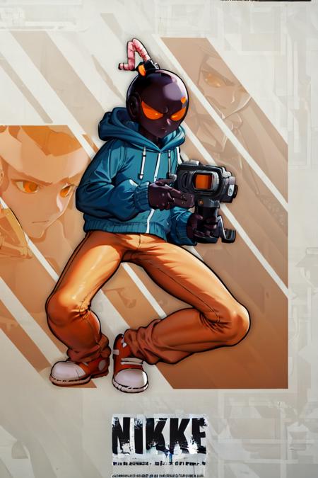 masterpiece, best quality, absurdres, WhittyFNF, bomb head, blue hoodie, orange pants, orange sneakers, <lora:WhittyFNF:1>,  <lora:NikkeProfile:1.0> IncrsNikkeProfile, full body, zoom layer, holding weapon, holding gun, one knee