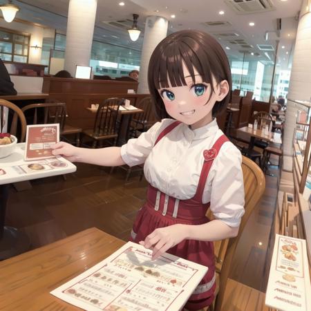 best quality, ultra-detailed, illustration,
AMTS, AMSC, solo, waitress, smile, restaurant, indoors, looking at viewer, 1girl, short hair, grin, red skirt, red apron, chair, shirt, holding, menu, table, 
 <lora:AMSC_AnnaMillers_uniform_SD15_V3:1>