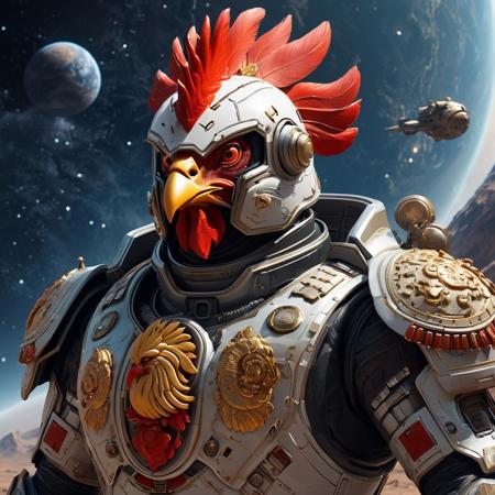 masterpiece, best quality, Chinese zodiac, year of the rooster, science fiction, space, power armor, helmet, planet, stars, spacecraft, space travel, Mecha, robot, futuristic, surreal, cinematic,