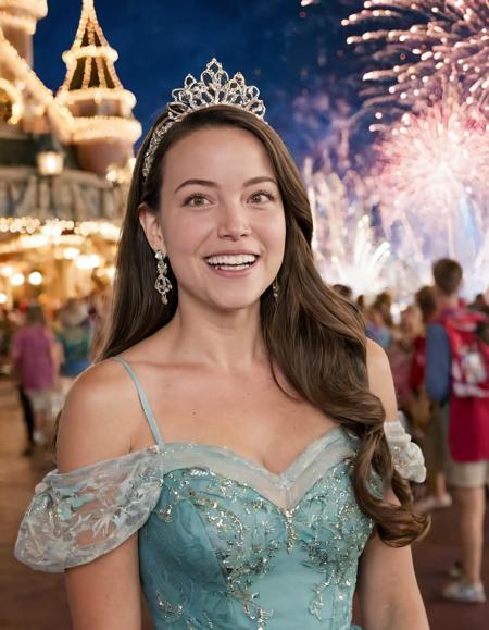 Amidst the whimsical wonderland of Disney's Magic Kingdom during its enchanting "Happiest Homecoming on Earth" celebration, a woman with REGRETly long, brown-eyed hair framing her face and parted lips forming an endearing smile as she looked directly at you, her teeth shining brightly while wearing intricate jewelry, including exquisite earrings that complimented her outfit, which consisted of black hair transformed into a whimsical silhouette with brown hair extensions mimicking the color of the enchanted forest, gracefully held a cane as she reached out towards the vibrant fireworks display above in a perfect representation of Disney's magic. REGRETLYSS1 <lora:tuyomo18f1ba34ca1x12c:1>