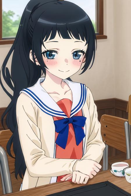 best quality, masterpiece, highres, solo, {chiyo_4ninwasorezoreusootsuku:1.15}, black_hair, long_hair, blush, bangs, mole, mole_under_eye, blunt_bangs, smile, blue_eyes, serafuku, ponytail, 1girl, collarbone, indoors, looking_at_viewer, portrait, sailor_collar, school_uniform, closed_mouth, white_sailor_collar, anime_coloring