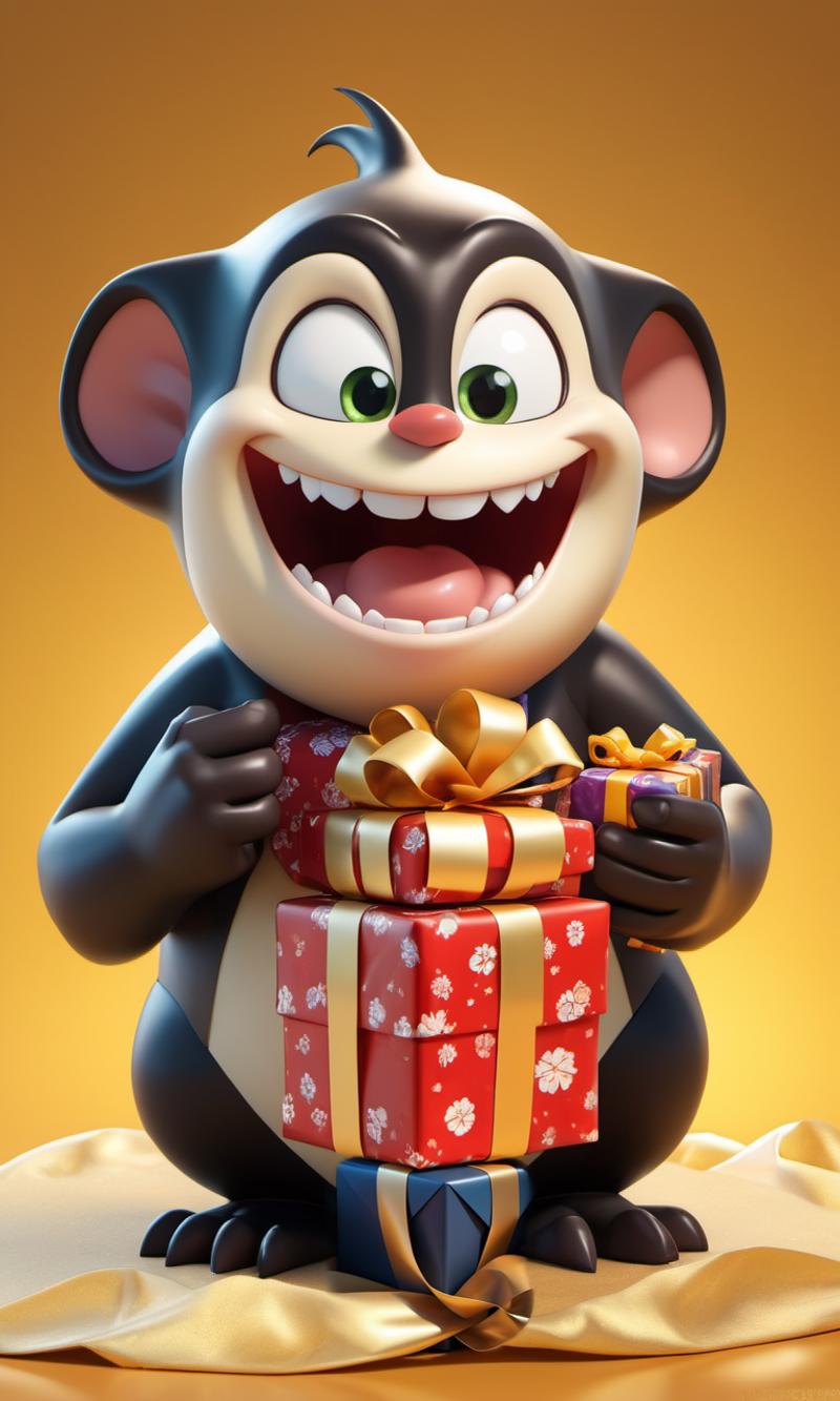 A smiling monkey holding a wrapped gift.