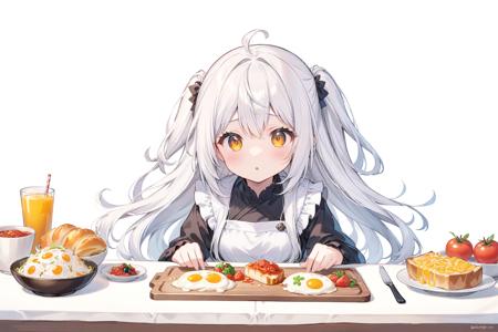 best quality,aesthetic,detailed,by ziyun,1girl,ahoge,food,long hair,one side up,simple background,solo,table,white background,white hair,
BREAK
<lora:sdxl_LCM_lora_rank1:0.3>,