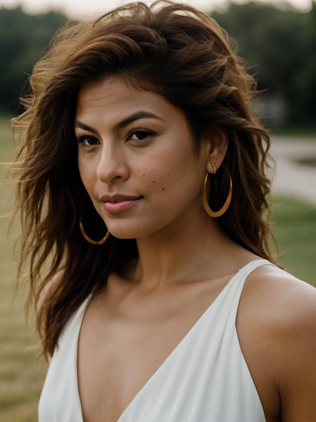 Realistic photo of a beautiful 3v4m-v2 woman, 1girl, solo, long hair, looking at viewer, smile, brown hair, dress, brown eyes, jewelry, closed mouth, upper body, earrings, outdoors, sleeveless, day, white dress, blurry, lips, blurry background, realistic, mole on cheek, soft lighting, professional Photography, Photorealistic, detailed, RAW, analog, sharp focus, 8k, HD, high quality, masterpiece<lora:3v4m-v2:1.0>