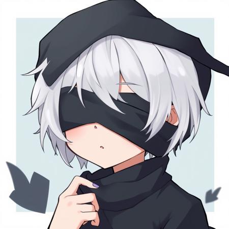 chibi anime boy ,white hair , black shirt,eyes covered by black cloth,on shirt with face