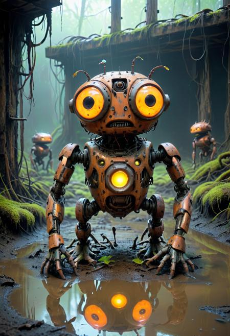 A swamp filled with ancient rusting robots half-buried in the mud, glowing fungal growths spreading across the surface, with scavenger frogs leaping between broken circuits, evi@decrepPunk style, surreal and moody. <lora:evidecrepPunk:0.8>