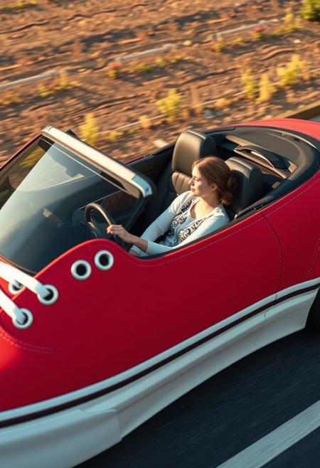 A car that looks like a giant sneaker. convertible car,  (((the body looks like the rubber sole of a sneaker))), eyelets and shoe-laces
A woman driving the car,
Red canvas Vans_Authentic sneaker, detailed sneaker, perfect sneaker, (((visible full car))), (((the entire car is visible)))