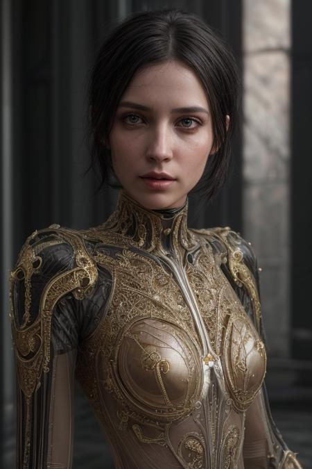Raw Photo of planetary explorer of harsh alien worlds, wearing transparent, ((translucent), gold filigree biomechanical suit, gold filigree gloves, ((light bokeh)), intricate, elegant, sharp focus, soft lighting, vibrant colors, masterpiece, detailed face, intricate details, cinematic shot on Nikon z9 mirrorless camera, ultra realistic, (art by Darek Zabrocki and Giger and Cedric Peyravernay),  (detailed exterior sci-fi environment :1.4), Dystopian, photorealistic, epic, highly detailed eyes, eyes are identical and symmetrical  <lora:more_details:0.9> ((eye contact)), looking at viewer