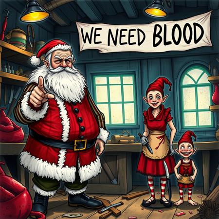 Scene: evil Santa Claus and dark Mrs. Claus in a broken down  workshop with two imp elves.
Santa Claus: Elderly, with a white beard, wearing a blood red vest trimmed in fur, over a striped shirt, and a look of hate or angry. He gestures with a pointing hand,
dark Mrs. Claus: Elderly woman with a cold, contempt expression, draped in a bloody apron over a red and beige dress. She cooldily rests her hand on a blade.
imp Elves: Two small elves with pointed teeth, striped stockings, and curly-toed blades. They stand attentively.
Environment: A dark, wooden workshop filled with torture tools, shelves lined with blades and equipment, and glowing cold light from overhead lamps and a window in the background.
Signage: A prominent banner reads, "WE NEED BLOOD," in bold letters.
Mood: dark, busy, and slightly urgent, combining the magical charm of Santa's workshop with a pressing task at hand.
Style: Hand-drawn, storybook-like illustration with rich details, soft lighting, and a whimsical, nostalgic feel.