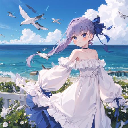 best quality, masterpiece, 1girl, bare shoulders, looking at viewer, blush, blue sky, smile, bird, long sleeves, sky, dress, solo, hair bun, outdoors, <lora:melt-000012:1>