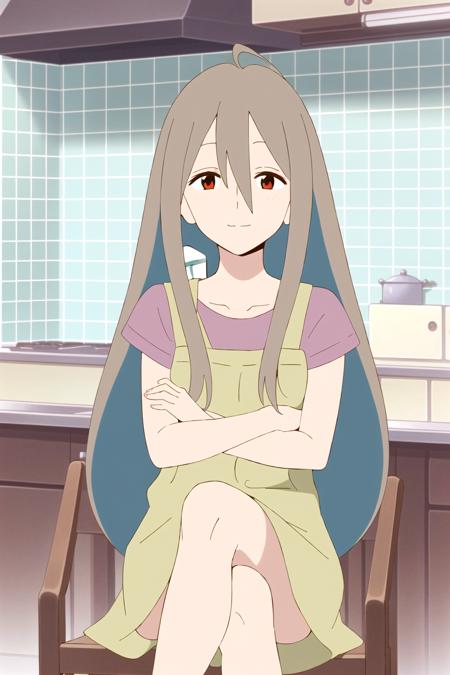 1woman, (masterpiece:1.2), highres, high quality, (perfect face and eyes:1.3), (textured skin:1.2), original, (wallpaper), (solo), looking at viewer, serufu mother, long hair, brown hair, green apron, red eyes, purple shirt, <lora:serufu_mother-09:0.7> , crossed arms, (crossed legs:1.2), sitting, smile, kitchen, (anime coloring)