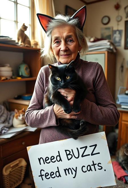 Closeup of old 77 year old Catwoman in worn catsuit standing and holding chubby black cat in her dilapitated apartment with 30cats, sunlight coming from window, she is holding sign "need BUZZ to feed my cats"
