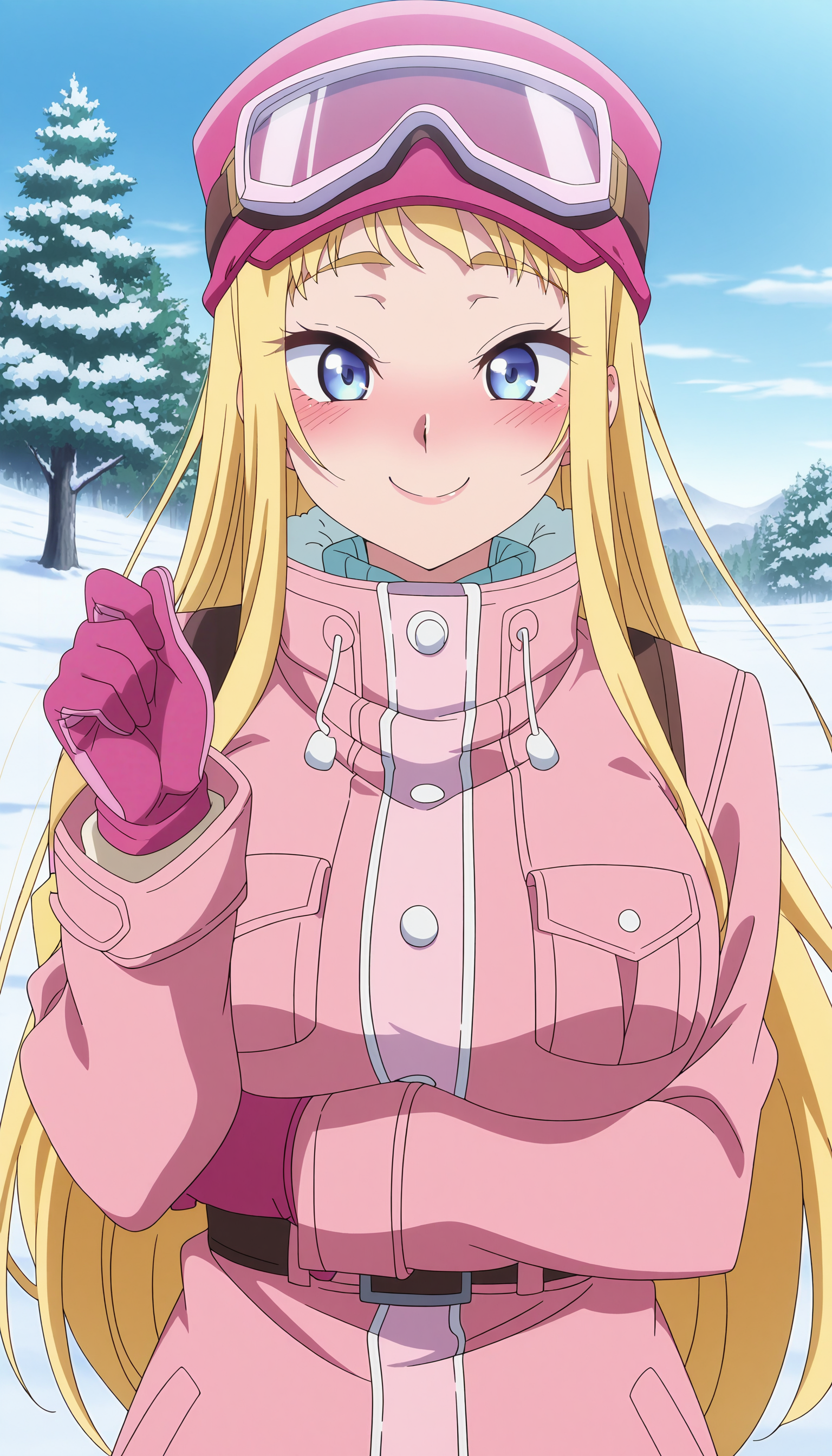 A young woman with long, blonde hair and blue eyes smiling confidently. She is wearing a pink, military-style winter jacket with white trim and a matching hat with goggles on top. She is standing in a snowy landscape with pine trees in the background