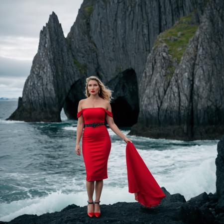 cinematic film still an (curvy:0.1) (busty:0.1) ohwx woman posing in a
very modest Red vintage-inspired midi dress with polka dots	None (dress covers legs)	Red peep-toe heels	Red drop earrings and bracelet	Gathers at bust create feminime silhouette
Kullamannen, Norway, Europe	Arctic coastline	Sea cave along Lofoten Islands shore	Icy North Atlantic crashing against cliffs	Model standing statuesque at cave entrance against crashing surf	Jagged basalt columns and towering sea stacks against milky sky
in style of Steve McCurry	Canon EOS 5D Mark IV	24-70mm	f/2.8	1/125s	400	Natural light, reflectors <lora:Jessica Valero_SDXL_v1.0b:1> . shallow depth of field, vignette, highly detailed, high budget, bokeh, cinemascope, moody, epic, gorgeous, film grain, grainy