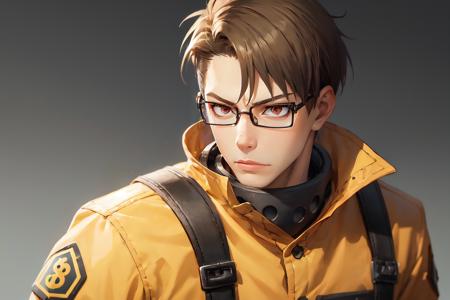 (1male:1.6),solo,male focus,25 year old,<lora:TakehisaHinawa:0.7>,(pale skin:1.3),glasses,[short hair],(brown hair:1.1),brown eyes,handsome,hair in front of face,dramatic,Takehisa_Hinawa,looking at viewer,(best quality:1.4),[:intricate details:0.2],masterpiece,broad,muscular man,detailed background,semirealistic,(mood lighting:1.1),facing forward,fighting,fire force uniform,enen no shouboutai,dynamic pose,fighting pose,