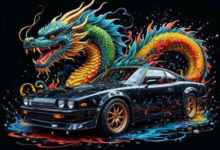 Finely detailed vector illustration, classical sports car, chinese dragon, symbiosis, ultra realistic quality, circle symbol, black background, hyperdetailed, intricately detailed,  triadic colors,fantastical,intricate detail,splash screen,complementary colors, fantasy concept art, 8k resolution, masterpiece, oil painting, thick strokes, rich strokes, running drops,