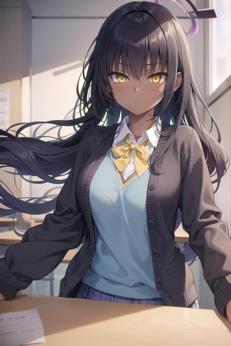 bluearchivekarin, <lyco:karin-lyco-nochekaiser:1>, 
karin, ahoge, black hair, dark skin, dark-skinned female, halo, long hair, (yellow eyes:1.5),
BREAK cardigan, neck ribbon, pleated skirt, ribbon, school uniform, skirt, blue cardigan, 
BREAK looking at viewer, 
BREAK indoors, classroom,
BREAK <lyco:GoodHands-beta2:1>, (masterpiece:1.2), best quality, high resolution, unity 8k wallpaper, (illustration:0.8), (beautiful detailed eyes:1.6), extremely detailed face, perfect lighting, extremely detailed CG, (perfect hands, perfect anatomy),