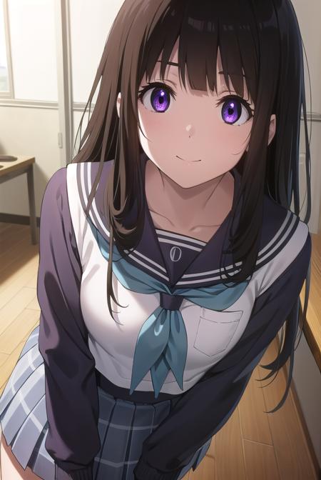 eruchitanda, <lora:eru chitanda s1-lora-nochekaiser:1>,
eru chitanda, long hair, black hair, bangs, blunt bangs, (purple eyes:1.1), sidelocks, smile,
BREAK skirt, school uniform, serafuku, kamiyama high school uniform \(hyouka\), black skirt, long sleeves, black sailor collar,
BREAK indoors, classroom,
BREAK looking at viewer, (cowboy shot:1.5),
BREAK <lyco:GoodHands-beta2:1>, (masterpiece:1.2), best quality, high resolution, unity 8k wallpaper, (illustration:0.8), (beautiful detailed eyes:1.6), extremely detailed face, perfect lighting, extremely detailed CG, (perfect hands, perfect anatomy),