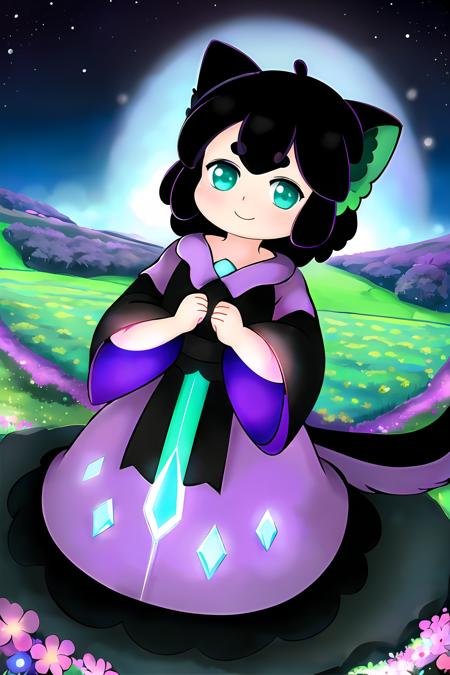 LuoXiaoHei, cat boy, (black hair), black tail, animal ears, green eyes,  cat ears, aqua eyes, solo, eyebrows visible through hair,
(art by nefuraito336, cute round face), happy,clear image, bioluminescent details, shimmering light, subsurface scattering, night, Fantasy Robes, crystal (purple:1.3) Robes, Black Magic, neon lights, (Field of Flowers:1.3),
exquisite and exquisite, fairy tale, incredible high details,  pixar style, bright color, natural light, ctane rendering,
gorgeous, ultra clear details, 8K, hd realistic, 8K hd realistic,