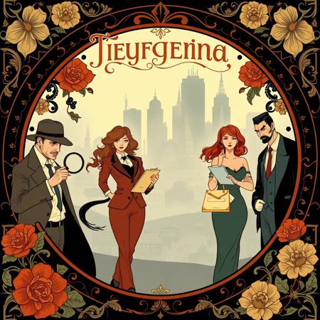 A captivating cover illustration for a mystery deduction game in the style of Alphonse Mucha. The scene features a detective, a police officer, a female secretary, and a yakuza member, all elegantly posed with flowing lines and ornate patterns typical of Art Nouveau. The detective holds a magnifying glass, the police officer stands confidently, the female secretary has a notepad, and the yakuza member exhibits a stylish demeanor. The background includes intricate floral designs and a foggy cityscape, with the game title displayed in an elegant, decorative font at the top