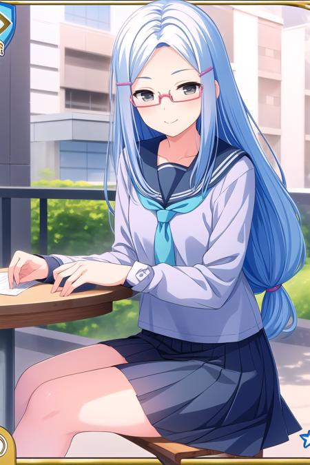 (masterpiece, best quality), highly detailed background, perfect lightingbest quality, kiryuunoriko, solo, outdoors, blue hair, hairclip, hair ornament, long hair, low-tied long hair, glasses, grey eyes, grey serafuku, grey shirt, <lora:GoodHands-vanilla:1>, grey skirt, school uniform, smile, closed mouth, pink lips, <lora:Kiryuu-Noriko:0.7>