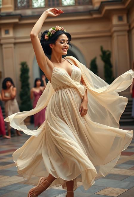 In the heart of a grand Roman villa, an elegant young woman is captured in the midst of a lively Bacchanal dance. She wears a delicate stola that flows around her with each movement. Her dark hair is styled in an intricate updo, adorned with a wreath of fresh flowers.
In this moment, she is mid-twirl, her left arm raised gracefully above her head, fingers extended as if reaching for the stars. Her right arm is outstretched to the side, balancing her poised movement. Her left leg is slightly bent, foot pointed delicately, while her right leg supports her, providing a strong yet elegant stance. The stola fabric swirls around her, accentuating her fluid motion and adding a sense of ethereal beauty to her form.
Her expression is one of joyful abandon and pure ecstasy, eyes closed as she loses herself in the rhythm of the dance. A soft smile graces her lips, reflecting the exhilaration of the moment. The subtle makeup, with strong eyeliner and mascara, enhances her expressive features, highlighting her natural beauty and the intensity of her dance.
The room around her is softly illuminated by the warm glow of candlelight and sconces, casting gentle shadows that dance along with her. Polished marble pillars and intricate frescoes provide a majestic backdrop, adding depth and richness to the scene without distracting from the captivating dancer at its center. luc14nn4