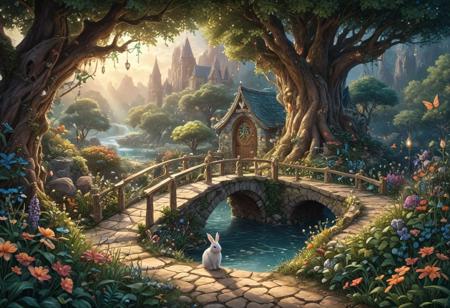 (Isekai anime style.Anime coloring.(0.9))In a whimsical world, a beautiful fairy garden blooms with vibrant flowers and sparkling fountains. A delicate, crystal bridge spans a gentle stream, leading to a majestic tree with leaves that shimmer like diamonds. A friendly, fluffy rabbit hops along the winding path, surrounded by fluttering butterflies and sweet, singing birds. The garden is filled with hidden treasures, like a tiny, glowing fairy door and a secret, shimmering cave. A soft, fluffy cloud drifts lazily across the sky, casting a warm, gentle shadow over the garden. The air is filled with the sweet scent of blooming flowers and the soft, soothing sound of gentle chimes. It's a peaceful, magical place where dreams come alive and wonder waits around every corner.master_class,master_piece,up_8,up_9,perfect beautiful,perfect beautiful early morning light.