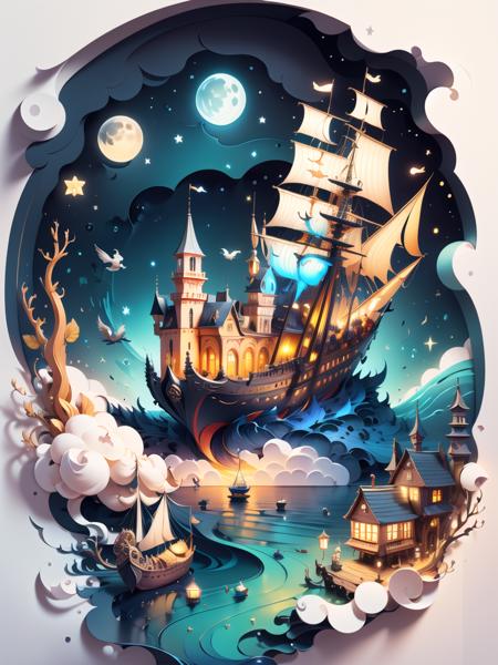 paper_cut, sky, cloud, water, star \(symbol\), tree, no humans, night, bird, moon, building, star \(sky\), night sky, scenery, starry sky, watercraft, castle, ship, waves, tower, boat.
vibrant color scheme,Softlight,(warm color:1.2),Water color painting,light background,best quality exquisite details,3d rendering,Octane render,pastel,
<lora:KK_paperCut_v1:0.8> paper_cut,  (white background:1.1),   <lora:standingFullBodyWithBackgroundStyle_v10Offset:0.6> white background, full body,  
Negative prompt: easynegative,badhandv4,blurry, shadow,
Steps: 50, Sampler: DPM++ 2M Karras, CFG scale: 7, Seed: 2179225809, Size: 768x1024, Model hash: d725be5d18, Model: 2插画_A1_revAnimated_v11, Clip skip: 2, ENSD: 31337, Hashes: {"vae": "f921fb3f29", "lora:KK_paperCut_v1": "1fab914749", "lora:standingFullBodyWithBackgroundStyle_v10Offset": "9aaa4a57a1", "model": "d725be5d18"}