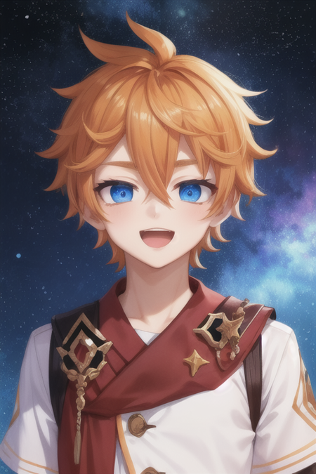 1boy,solo,male focus,tartaglia, blue eyes, hair between eyes, orange hair, short hair,,more details in eyes,cute,looking at viewer, adorabel boy,cute face,details sky,handsome,young,juvenile,((masterpiece:1.4,best quality)),multiple details,orful hair,eyeshadow,sfw,(upper body),smile,open mouth,dynamic angle,,cloud, colorful, starry, stars,