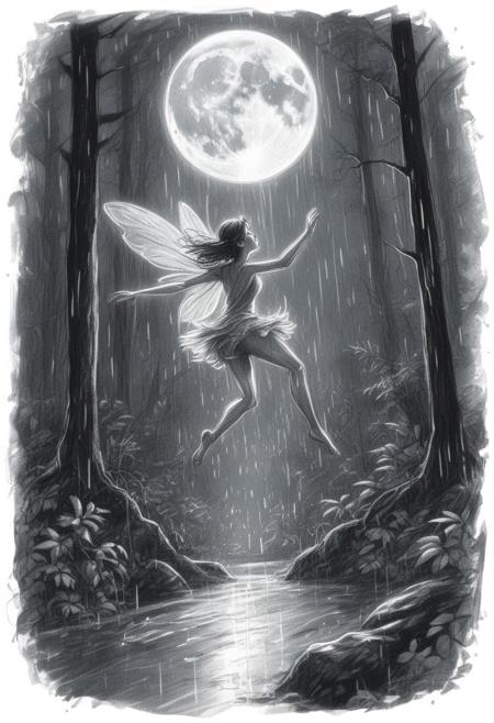 Hand-drawn sketch, overhead view of a fairy mid-leap in a rain-soaked forest under a full moon. Wet scene, reflective surfaces, drizzling rain, rough pencil strokes, textured, white background.