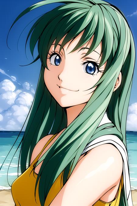 masterpiece, best quality, highly detailed, 1girl, alice carroll, long green hair, outside, beach, sunny, closeup, smile