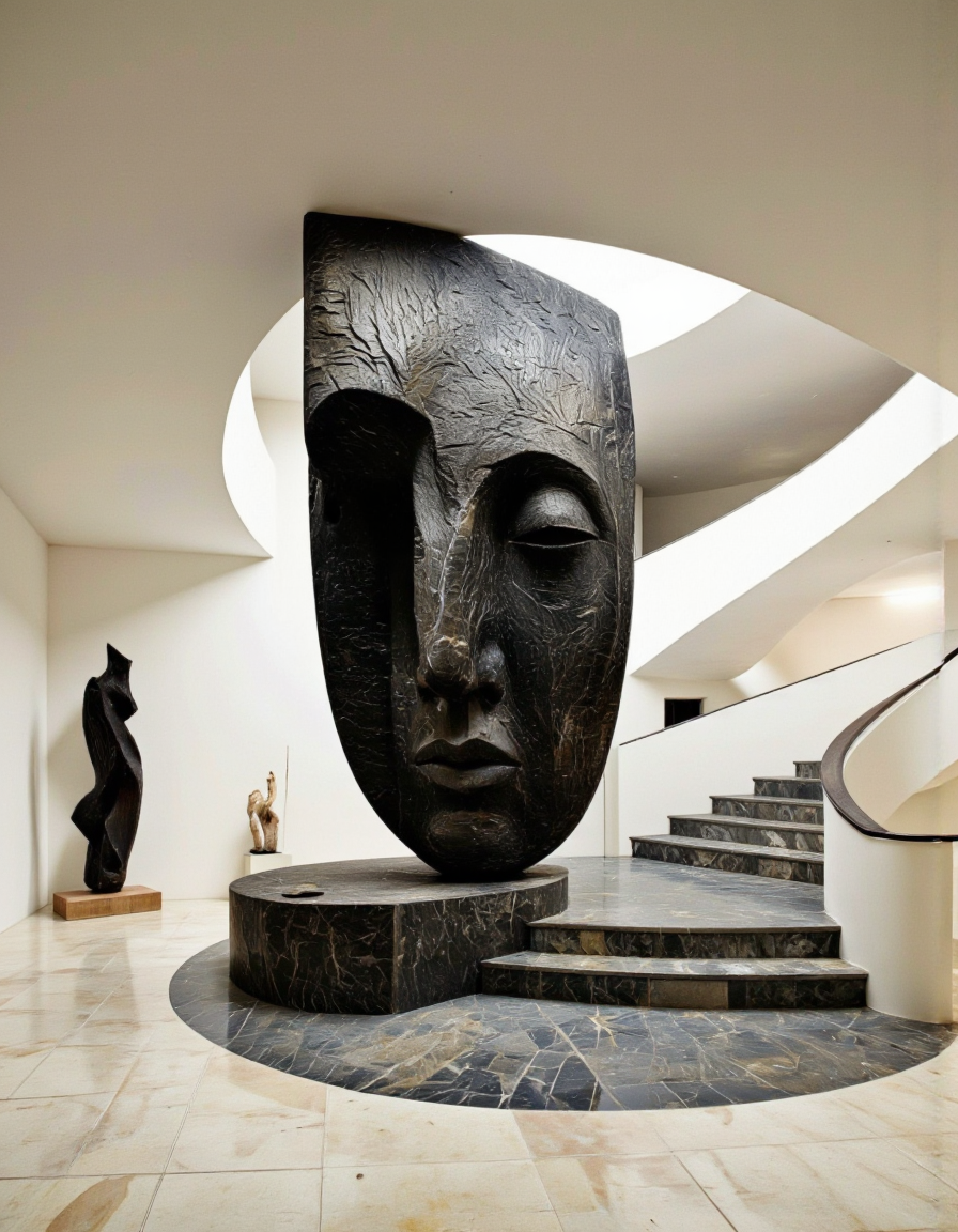 A modern interior space featuring a curving staircase with dark marble steps and a sleek white railing. Adjacent to the staircase is an abstract black face sculpture and two other abstract sculptures in the background, adding an artistic touch to the minimalist setting. The floor is made of polished light-colored tiles, contrasting with the darker marble of the staircase. The ceiling has a circular opening, allowing natural light to illuminate the space. 