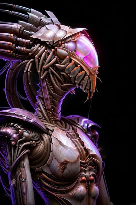 portrait of pearl crab female (long neck, slender arms)) massive headdress, bio armor, (luminesce purple glowing) floating particles, insect textures, scifi,