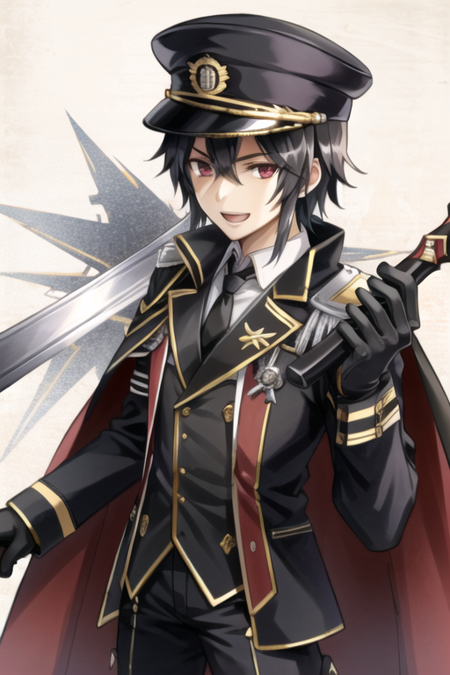 <lora:RavenCronwell-08:0.7>, raven cronwell, solo, looking at viewer, smile, open mouth, black hair, red eyes, gloves, 1boy, hat, holding, hair between eyes, weapon, male focus, necktie, belt, pants, sword, cape, holding weapon, uniform,military, military uniform,  holding sword, black pants, red headwear, black necktie, red cape