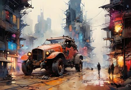 linquivera, liiv1, on parchment, style of ((Ralph McQuarrie and Syd Mead)), a digital painting depicting a futuristic cityscape. In the foreground, there's a worn classic { red | orange | yellow } (futuristic unconventional concept vehicle), (groundvehicle), xuer dieselpunk, vehicle focus, ground vehicle, there's a worn classic (futuristic unconventional concept sports vehicle) with a long hood and pop-up headlights, giving it an appearance reminiscent of the late 20th-century designs, yet more futuristic and with a worn and rugged look suggesting age or use in a dystopian setting. The car is detailed with dirt and weathering, and it has a matte, metallic finish.  cloud, sky, The city around it is composed of tall, slender buildings with (cyberpunk-style architecture), featuring protruding structures and neon lights. In the hazy sky, (airships or futuristic vehicles) float above, hinting at advanced technology and a busy urban atmosphere. The color palette is predominantly (desaturated tones of beige and blue), 
with bright colored foreground subjects, with the scene set against a backdrop of what could be a smog-filled sky, creating a sense of depth and scale. The artwork combines elements of nostalgia with speculative future technologies, presenting a visually rich, sci-fi environment.
oil and watercolor painting