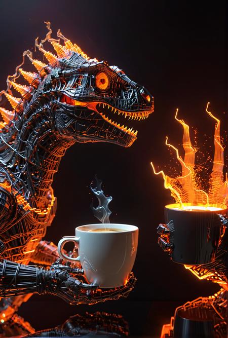 wireframe dinosaur holding coffee, black wireframe wires, vhs glitch, digital dinosaur in armour, glitchy red fire, fractal, vhs, orange reflections, black rays of light, wireframe scales, out of phase, 3d sin wave in background, humanoid
[reflections, vibrant lighting, realistic, high quality photo, 4k, hd,  7-RetroDigital ]
<lora:xl_more_art-full_v1:0.5>  <lora:Retro Digital v1.0:1>