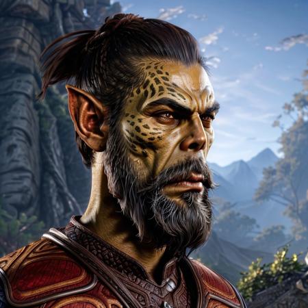 a hyper-realistic photograph of a profile headshot of a very young male githyanki, githzeri monk with a topknot looking at the camera 4K, cannon, photograph hdr, dramatic lighting, fu-man-chu beard, pointy ears