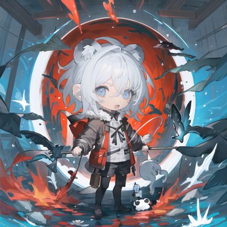 animal ears, 1girl, fish, white hair, blue eyes, bear ears, smile, chibi, bubble, long sleeves, underwater, closed mouth, solo, hair between eyes, short hair, bangs, jacket, sleeves past wrists, fishing rod, standing, shorts, holding, fur trim, bag, looking at viewer, air bubble, panda ears, aquarium, fishing, fishing line