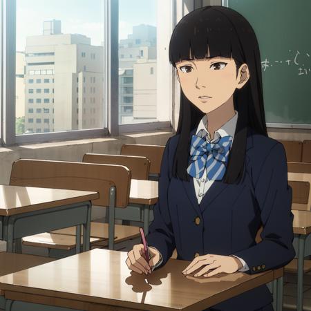 <lora:Sato001:0.7>,
Sato,1girl,
school uniform,
blazer,collared shirt,bowtie,
classroom,