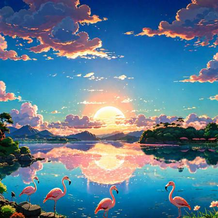 A sunset view of a beautiful lake with close look of flamingos , (lineart), (studio ghibli:1.3), (masterpiece, best quality), (studio ghibli:1.3), vibrant lush, landscape lens, dreamlike, bioluminescent, cel-shading, alphonse mucha, approaching perfection, sharp focus, highly detailed, concept art, trending on pixiv, 4k definition, (photo realistic)