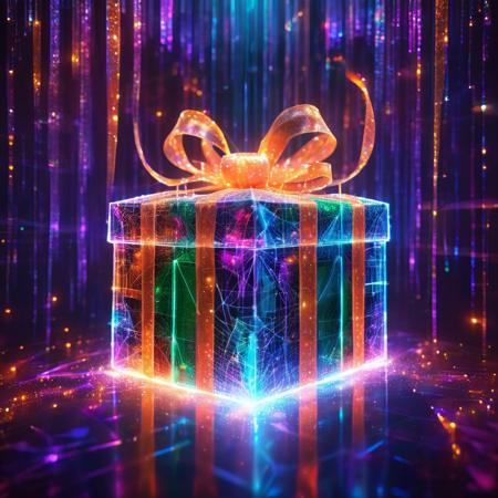 photorealistic christmas present box with noc-wfhlgr style, orange ribbon, glitter, cubism art, vibrant, urban, detailed, tag, mural, astral, colorful aura, vibrant energy <lora:noc-wfhlgr2:1>