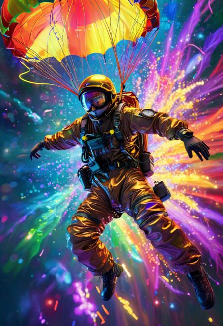 (artist definition Iris Scott), (a man parachuting, neon glow, aura of colors), (artist design by Annette Schmucker)