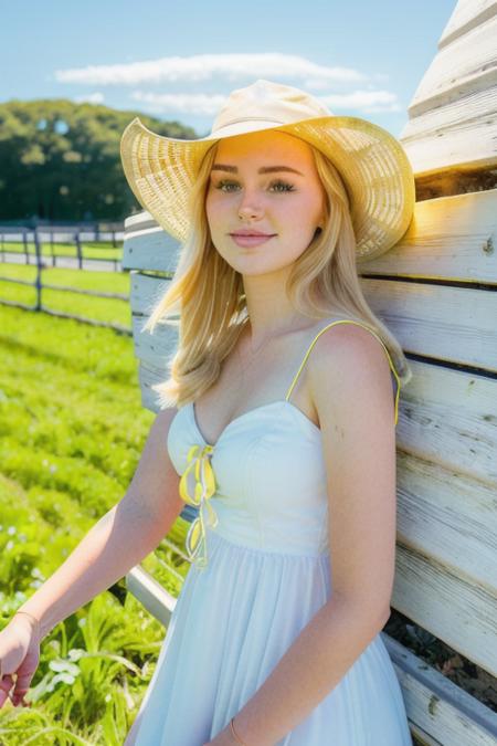 (close up:1.1) of a stunningly beautiful young woman <lora:ev4vl44r:1>, blonde, (perfect face), (wearing a light yellow sundress), on a grassy knoll, a cow in background) highly detailed face, RAW, 8K, UHD, natural lighting, [smiling:0.1], perfect day, stunning eyes, amateur, candid