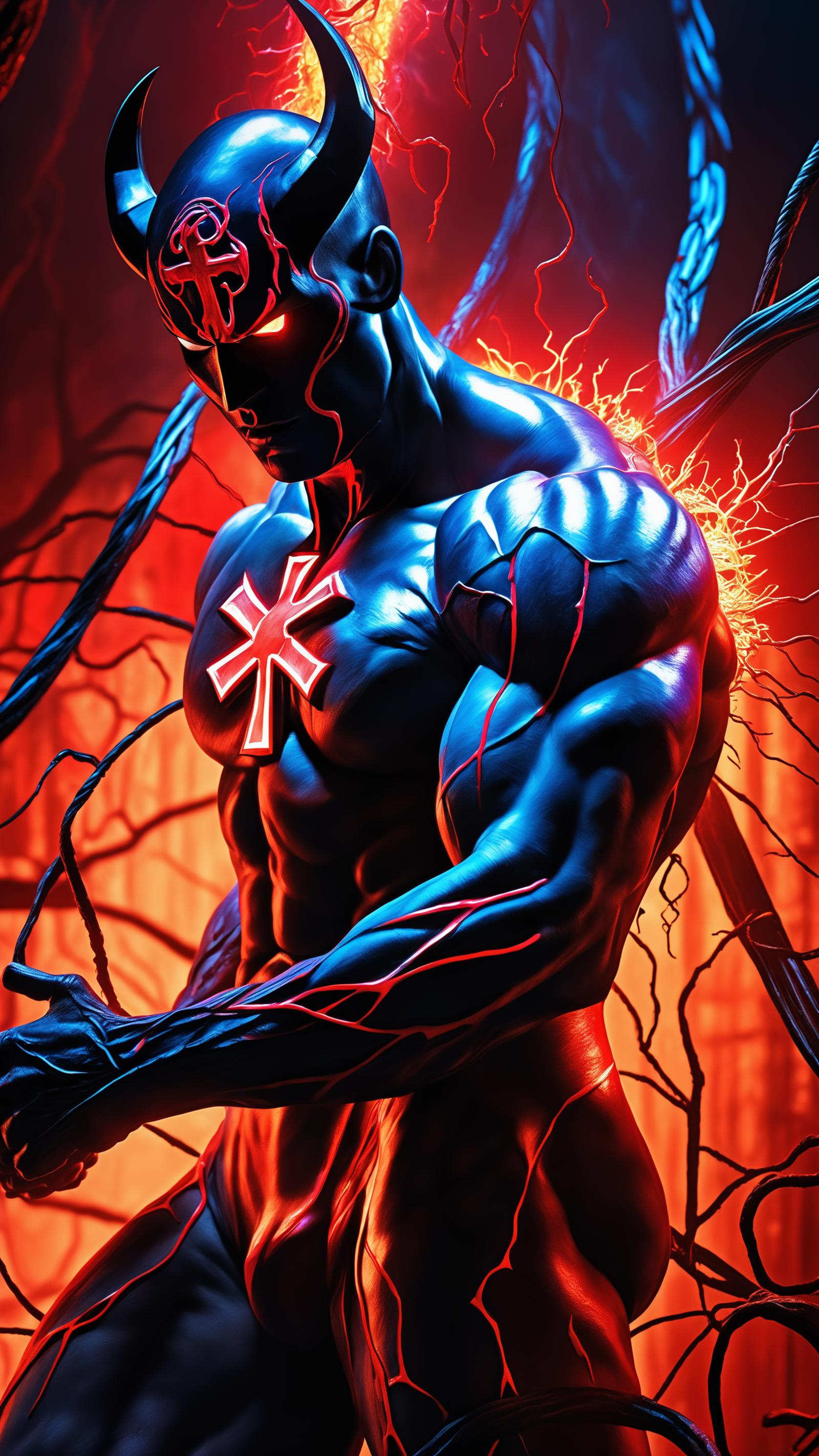 A muscular blue and black superhero with a red star on his chest.